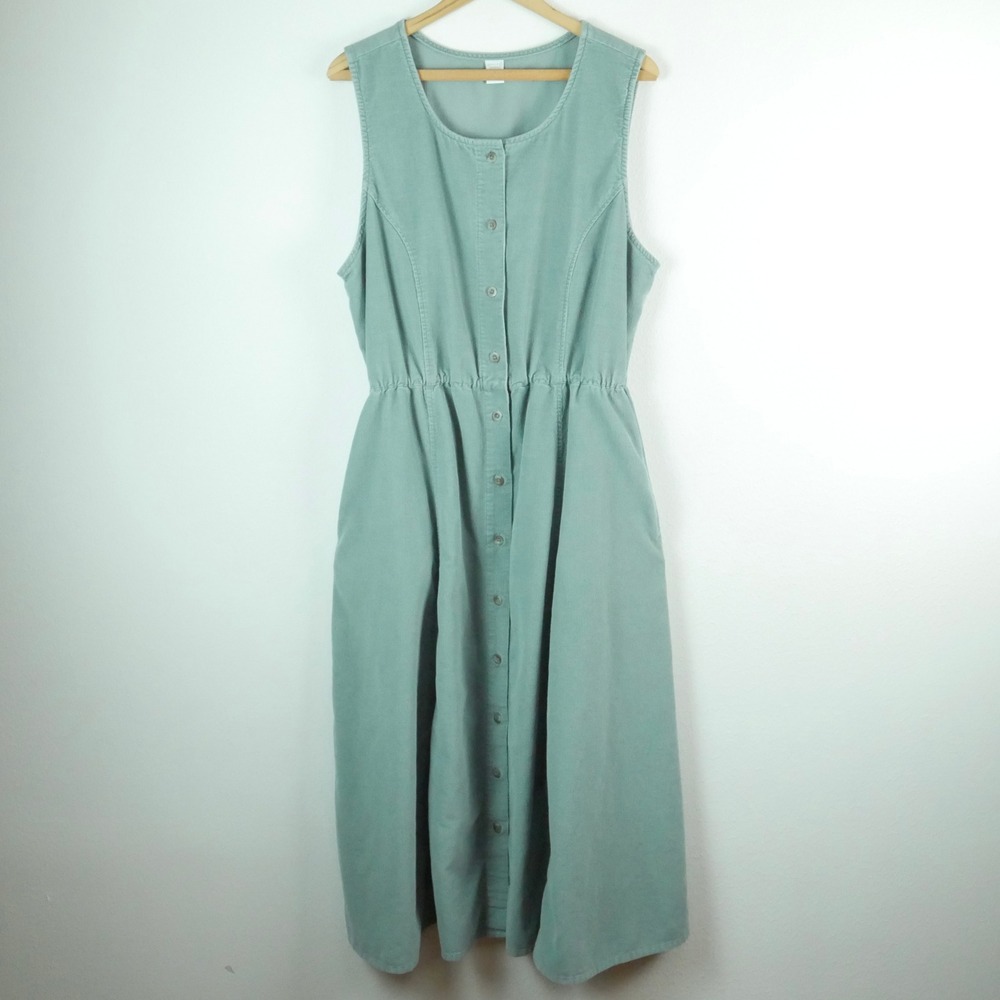 Vintage Lands End Corduroy Midi Dress Button Front Pockets 16 Pinafore Teacher - Picture 2 of 7